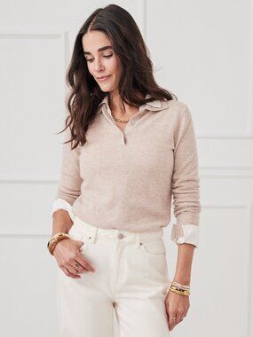 J McLaughlin Cam Cashmere Polo Sweater - Heather Oatmeal NEW